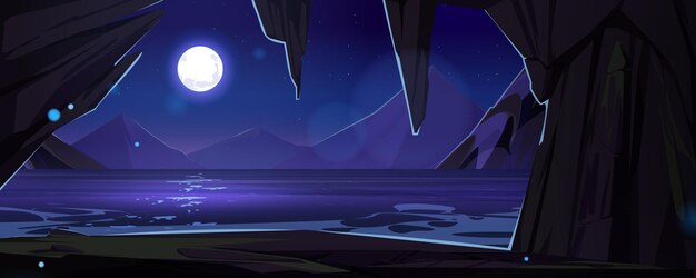 night mountain river landscape inside cave view