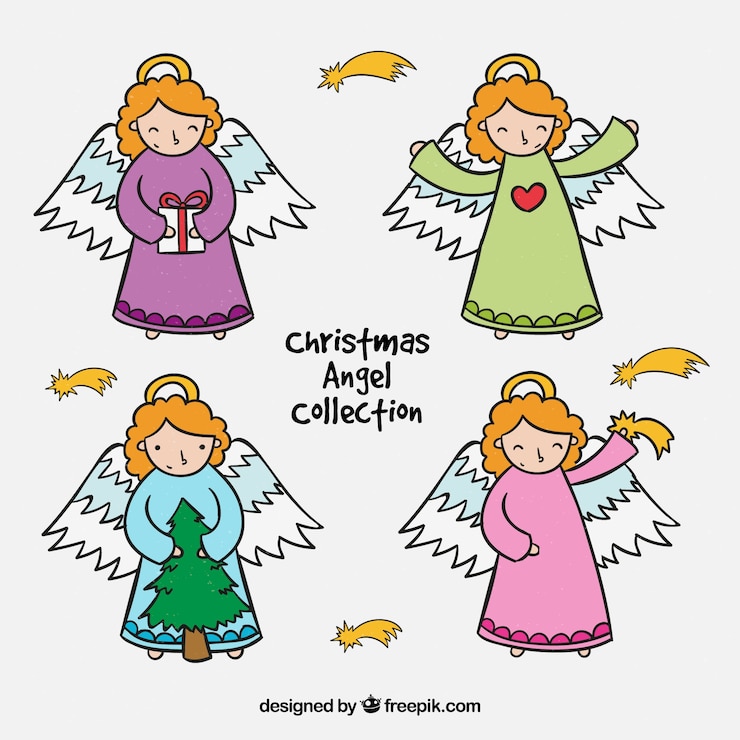 Gratis Vektor pack of four hand-drawn christmas angels