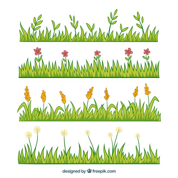 Pack of four hand-drawn grass borders with flowers