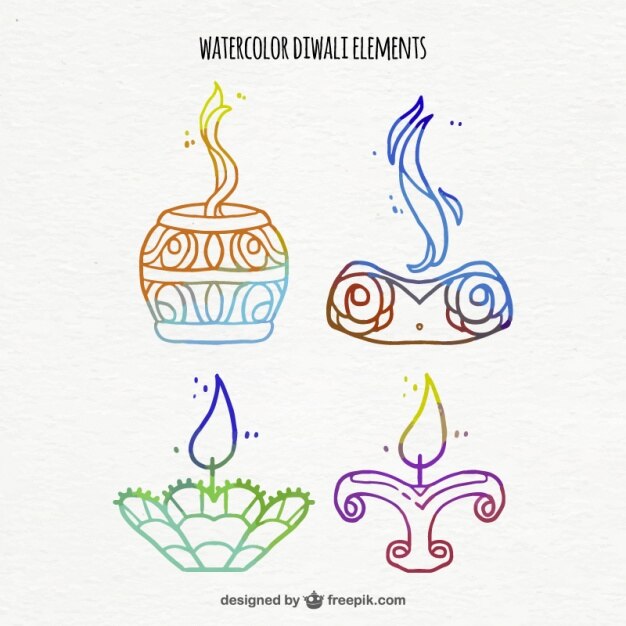 Gratis Vektor pack of ornamental watercolor diwali candles 