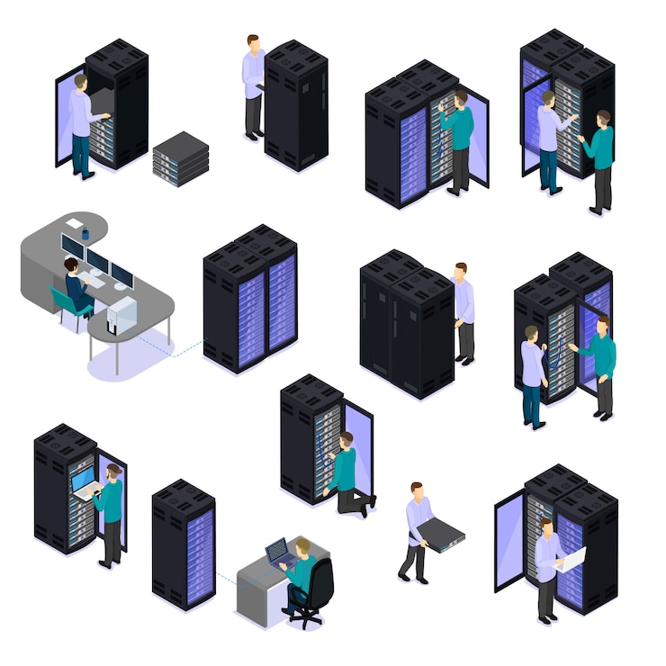 Gratis Vektor people in data center isometric set