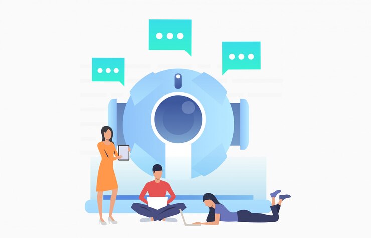 Gratis Vektor people writing to isometric ai robot