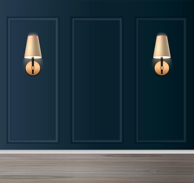 Realistisk klassisk rominteriør med mørkeblå paneler og glødende vegglamper, vektorillustrasjon