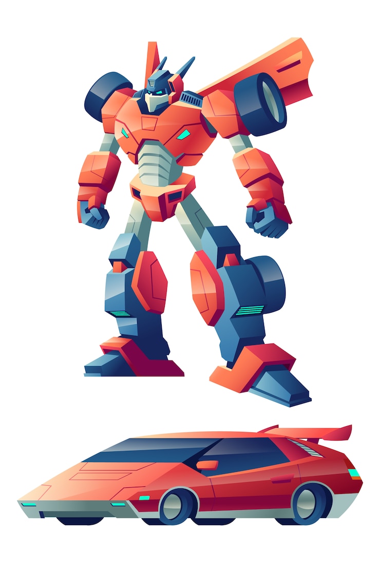Gratis Vektor red battle robot capable to transform in sport car cartoon 