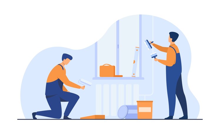 Gratis Vektor renovation workers repairing apartment. repairmen in overalls decorating and painting walls. vector illustration for excursion, people and culture concept