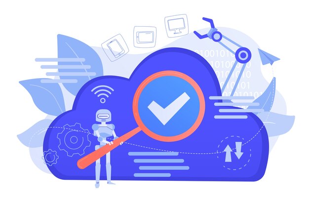 Robot studying cloud technology through magnifier. Artificial intelligence, machine learning, cloud computing, robot thinking concept. Vector illustration isolated