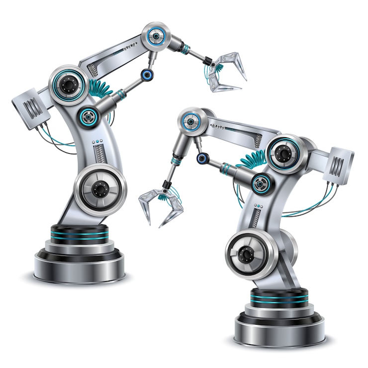 Gratis Vektor robotic arm realistic set with modern technology symbols isolated
