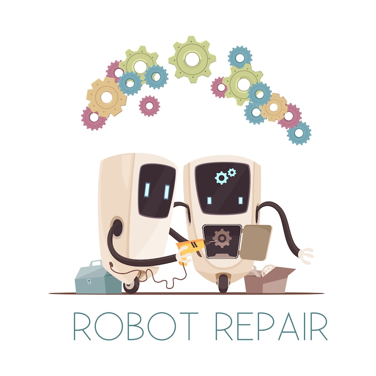 Gratis Vektor robotreparasjon tegneserie komposisjon