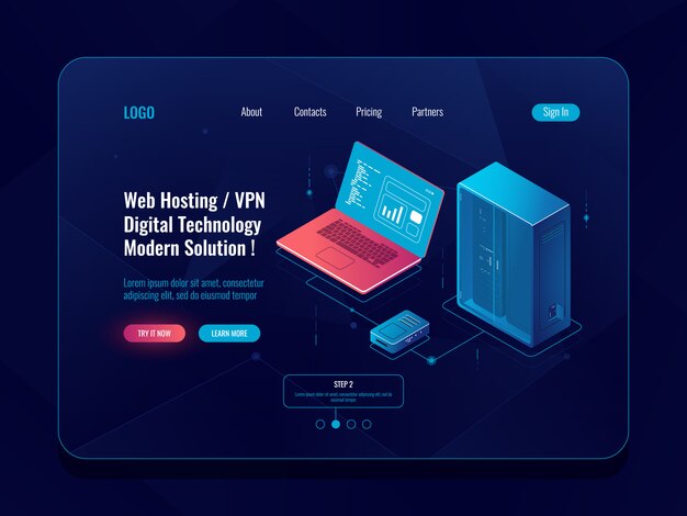 Server room isometric banner, data center and database icon, cloud storage, data transfer and backup