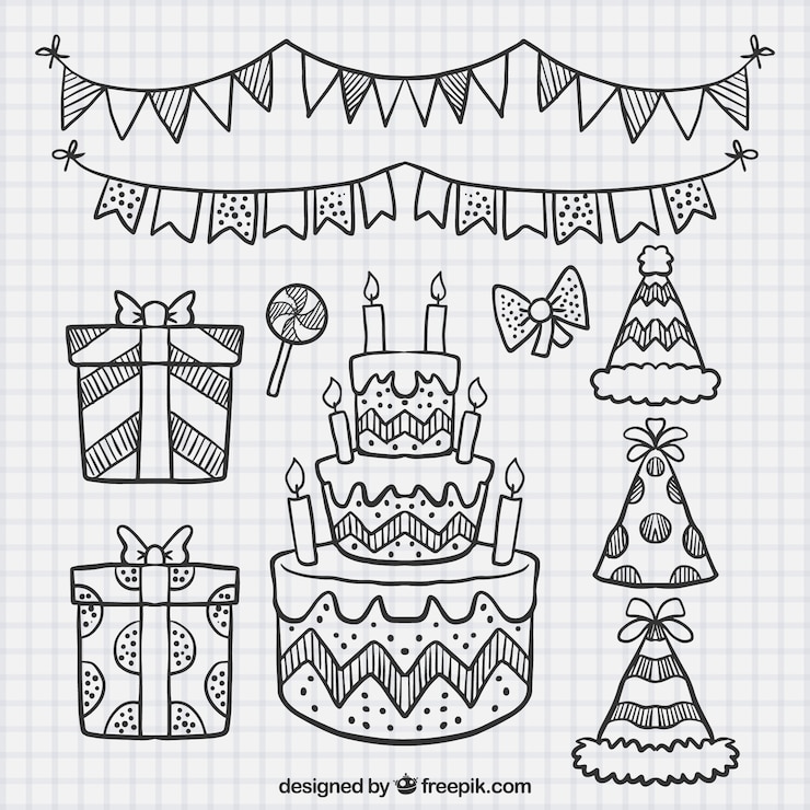 Gratis Vektor set of cake sketches and birthday elements