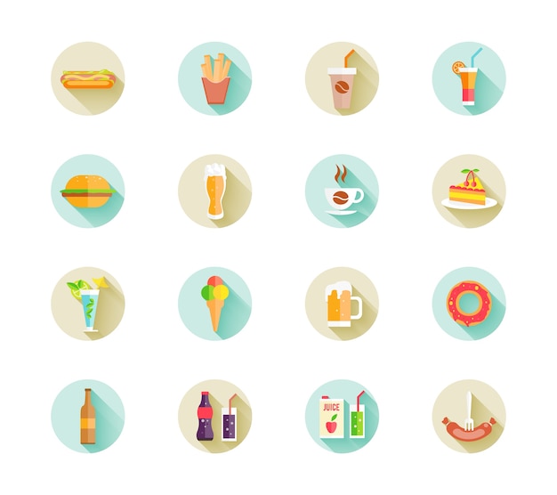 Set of colorful fast food icons on web buttons with various beverages and food including hamburger