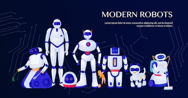 Set of modern robots with integrated circuit elements illustration