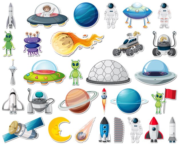 set of stickers with solar system objects isolated