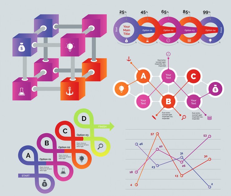 Gratis Vektor sett med kreative, flerfargede diagrammer