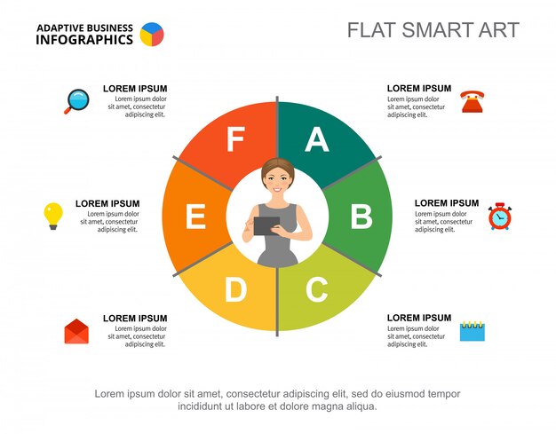Six elements process chart template for presentation. Business data.
