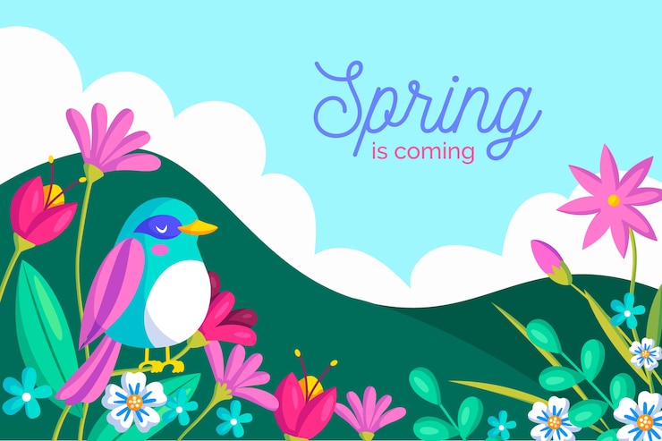 Gratis Vektor spring background with flowers and bird