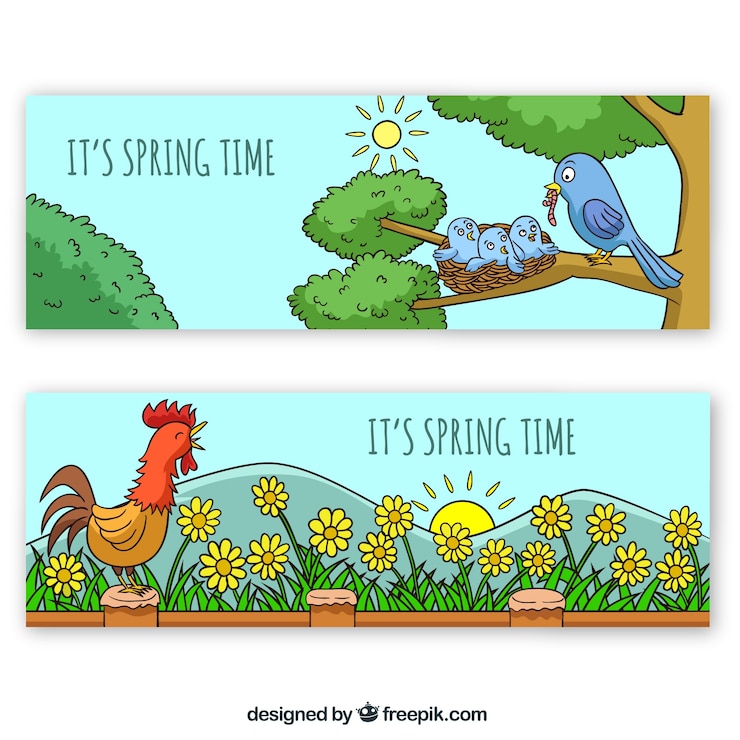 Gratis Vektor spring banners with birds and chicken