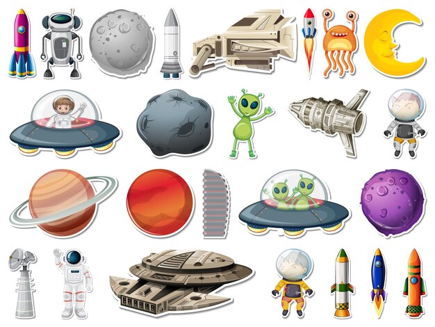sticker set of outer space objects and astronauts