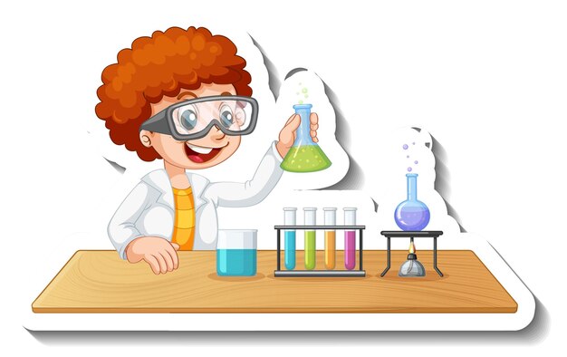 sticker template with cartoon character of a student doing chemical experiment