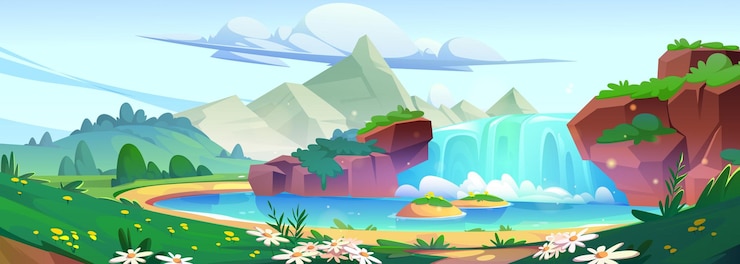 Gratis Vektor summer or spring sunny landscape with waterfall