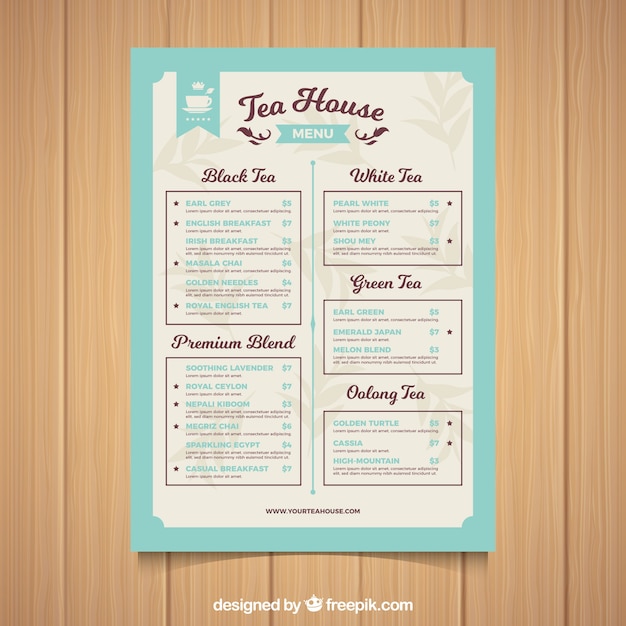 Tea menu template with different types of drink