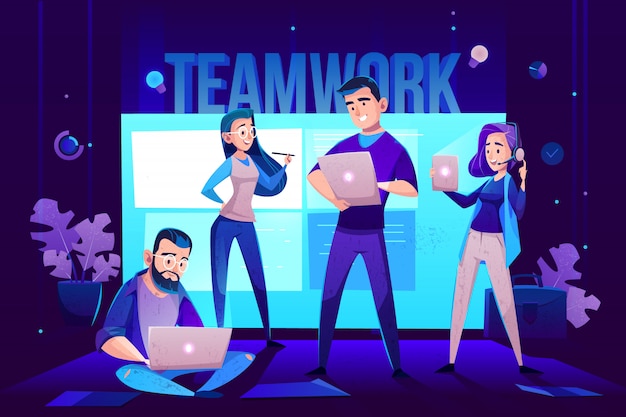 teamwork characters, operator and crew in front of screen for presentations.
