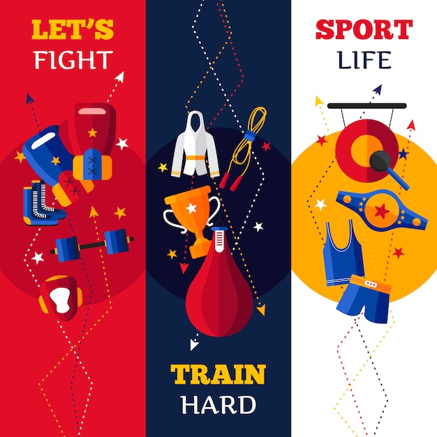 Three flat vertical banners set of abstract shadowed isolated boxing attributes vector illustration