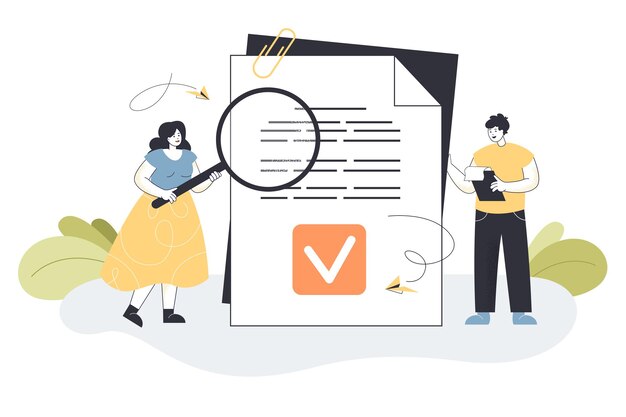 tiny cartoon business people reading legal document