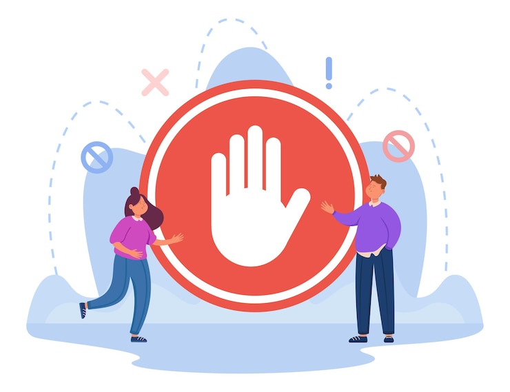 Gratis Vektor tiny people standing near stop sign flat vector illustration. huge red sign with hand symbolizing ban on entry, danger warning, caution, prohibited actions. alert, risk, gesture concept