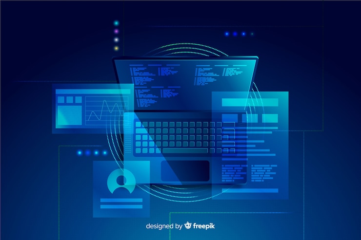 Gratis Vektor top view dark laptop background template