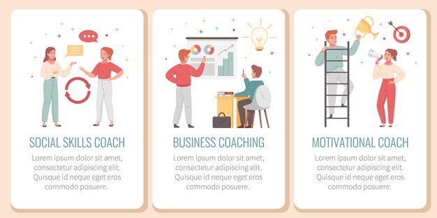 Training flat banner set with business and motivational coaching isolated vector illustration
