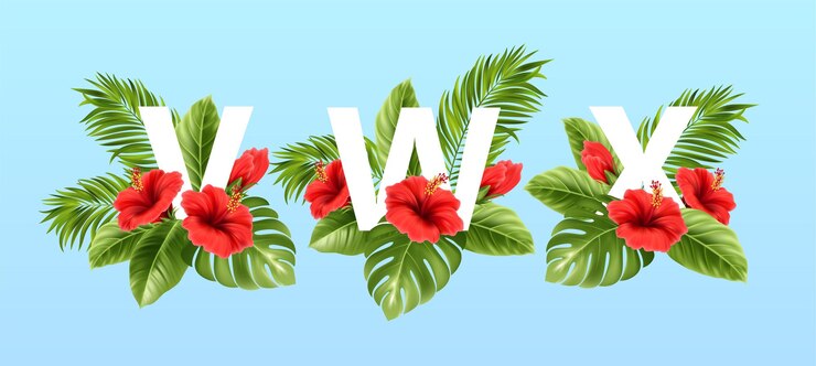 Gratis Vektor v w x-bokstaver omgitt av tropiske sommerblader og røde hibiskusblomster