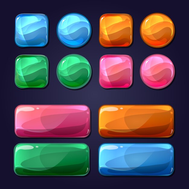 vector cartoon glass buttons for game user interface ui. design glossy, round shiny element illustration