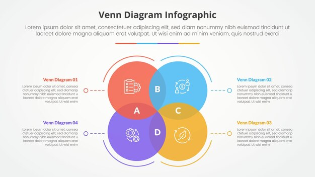 venn diagram infographic concept for slide presentation with big circle square structure shape with 4 point list with flat style