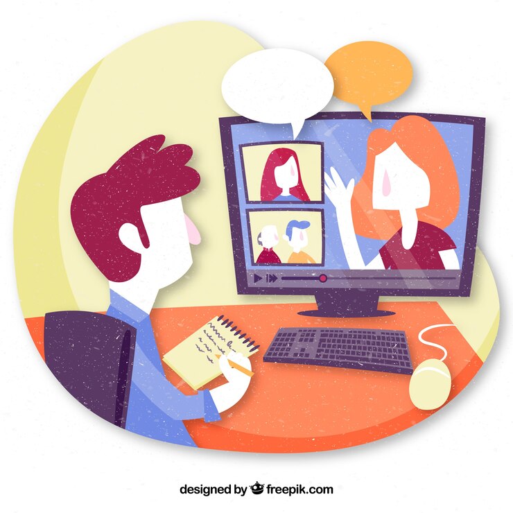 Gratis Vektor webinardesign ved skrivebordet