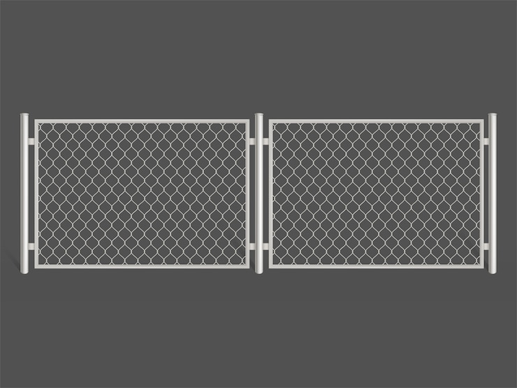 Gratis Vektor wire fence isolated on grey background. silver colored metal chain link mesh. 