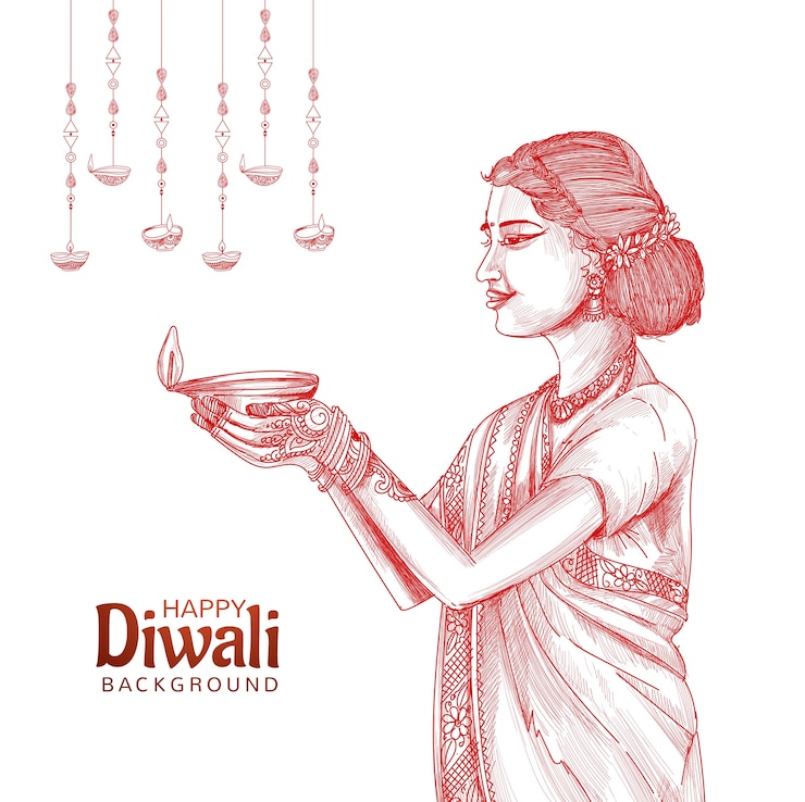 Gratis Vektor women hand holding sketch for indian oil lamp diwali background