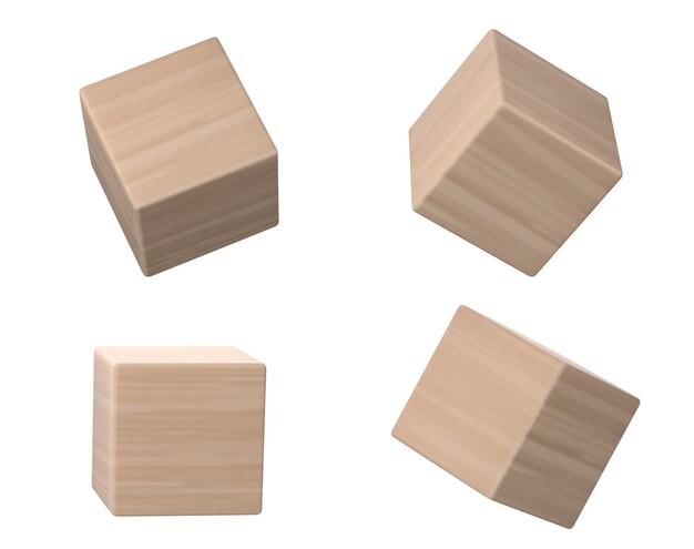 Wooden cube block for alphabet kids toy 3d vector illustration of brown rectangular beam element with wood texture for child education and play Mockup of timber square pieces in different angles