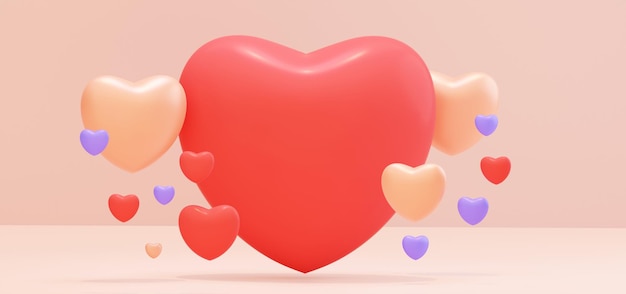 14 february Valentines Day greeting card Scattered hearts in purple red and beige tones