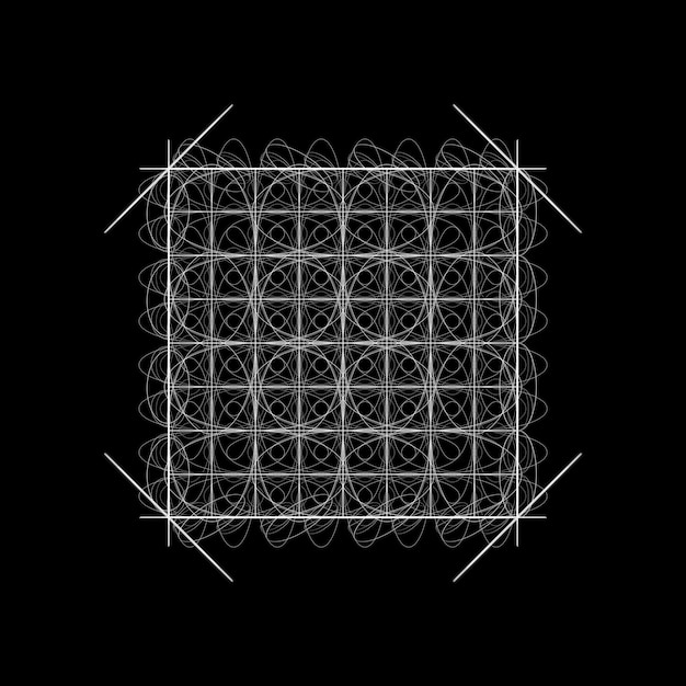 2d illustration with white lines and ellipses. Simple ornament on dark background.