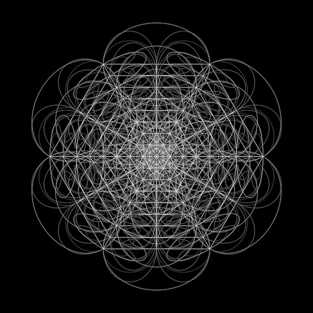 2d illustration with white lines and ellipses. Simple ornament on dark background.