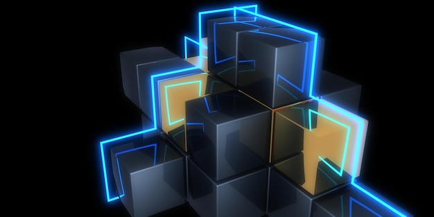 3D abstract background with neon lights neon tunnel space CUBES construction 3d illustration