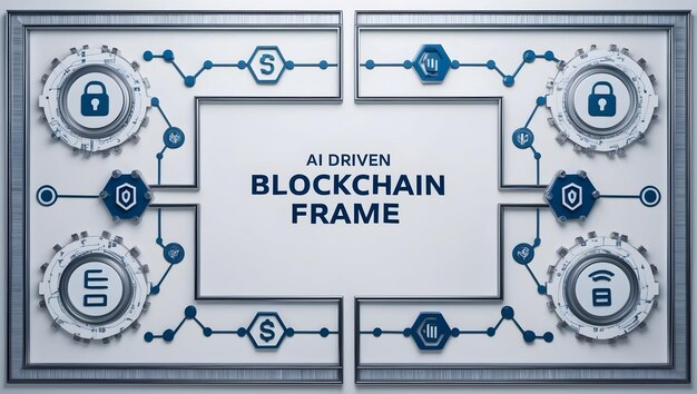 3D AI Driven Blockchain Frame A border frame with blockchain symbols and digital connections on the