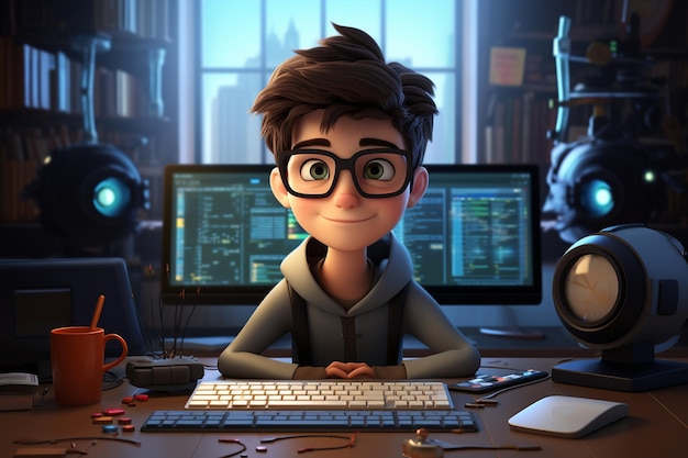 3d Cartoon Computer Programmer Character Generative Ai