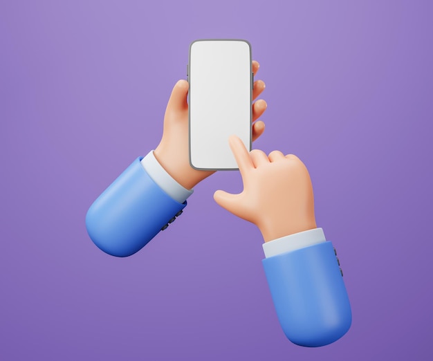 3d cartoon hand holding smartphone isolated on purple background, hand using mobile phone mockup. 3d