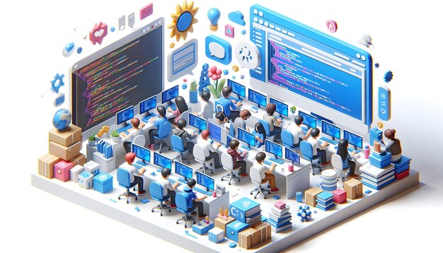 3D Coding Collaboration Developers Collaborating on New Software Feature Coding Screens in Everyda