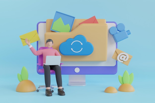 3D Digital file organization service or app with data transfering. Cloud computing upload