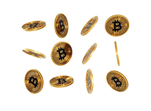 3d Falling Golden Shiny Cryptocurrency Bitcoin Rounded Coins On White Background 3d Illustration