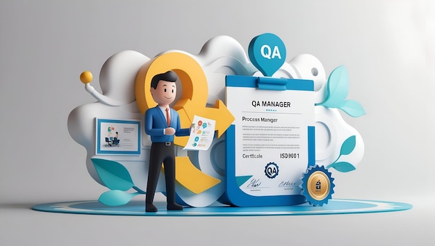 3d flat icon as qa manager with process map and certificate concept as an image of a qa manager with