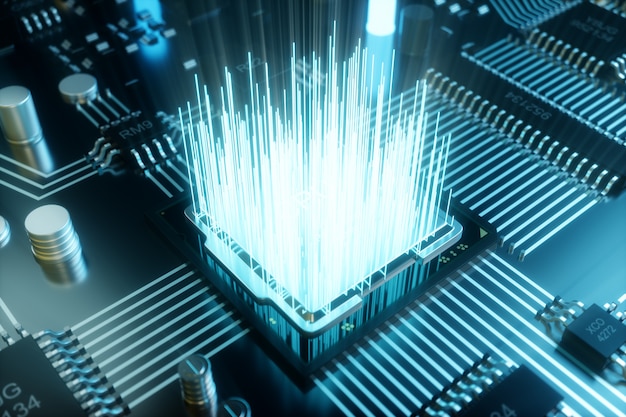 3D illustration computer chip, a processor on a printed circuit board. The concept of data transfer to the cloud. Central processor in the form of artificial intelligence. Data transfer